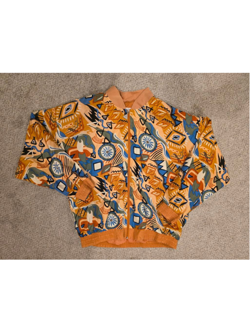 Women's Vintage Casual Isle Silk Abstract Print Bomber Jacket Large - Picture 3 of 7